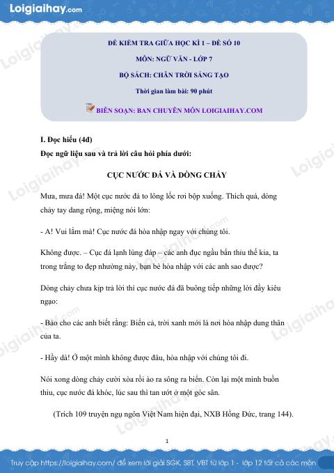 Đề thi giữa kì 1 Văn 7 Chân trời sáng tạo - Đề số 10